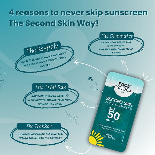 4 reasons to use Face O'Clock Second Skin SPF 50 sunscreen sachet - reapply, commute, trial, trek