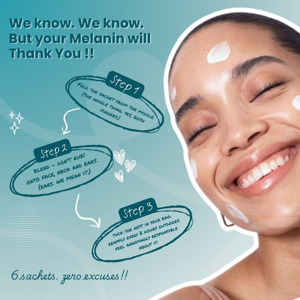 How to apply Face O'Clock Second Skin SPF 50 sunscreen sachet - fold, blend on face and neck, reapply every 2 hours