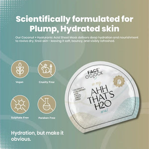 Face O'Clock Coconut + Hyaluronic Acid Sheet Mask - vegan, cruelty free, paraban free, sulphate free
