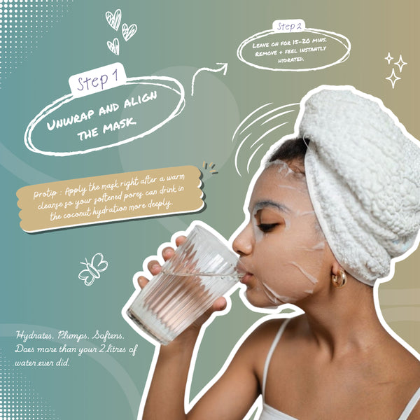 How to use Face O'Clock Coconut + Hyaluronic Acid Sheet Mask - unfold, apply on face, leave 15-20 minutes, remove and glow

