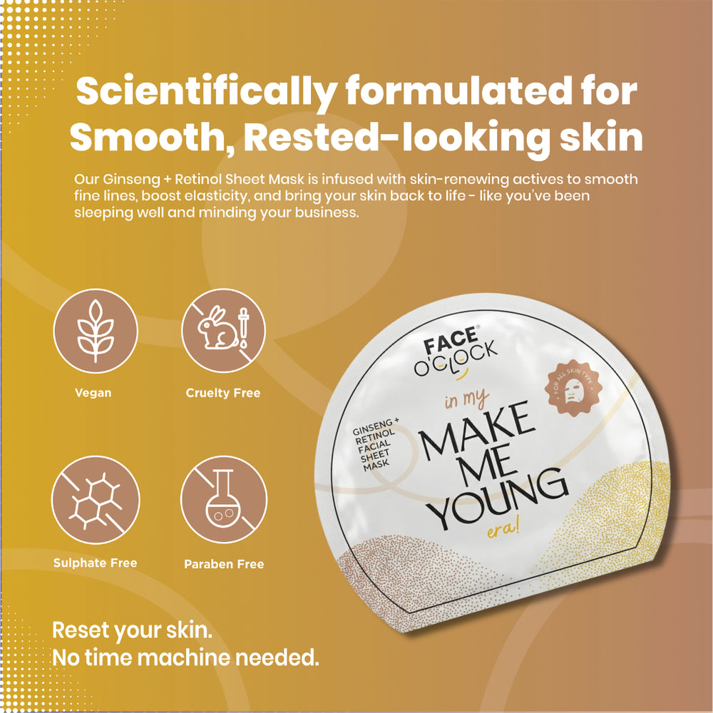 Face O'Clock Ginseng + Retinol Sheet Mask - smoothes fine lines, boosts cell renewal, anti-ageing

