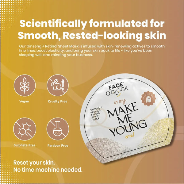 Face O'Clock Ginseng + Retinol Sheet Mask - vegan, cruelty free, paraban free, sulphate free
