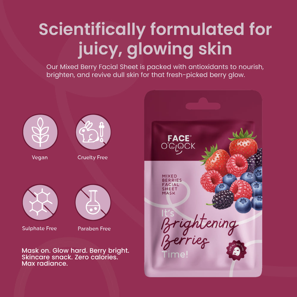Face O'Clock Brightening Berries Sheet Mask - antioxidant-rich berry extracts, smoothes and brightens dull skin

