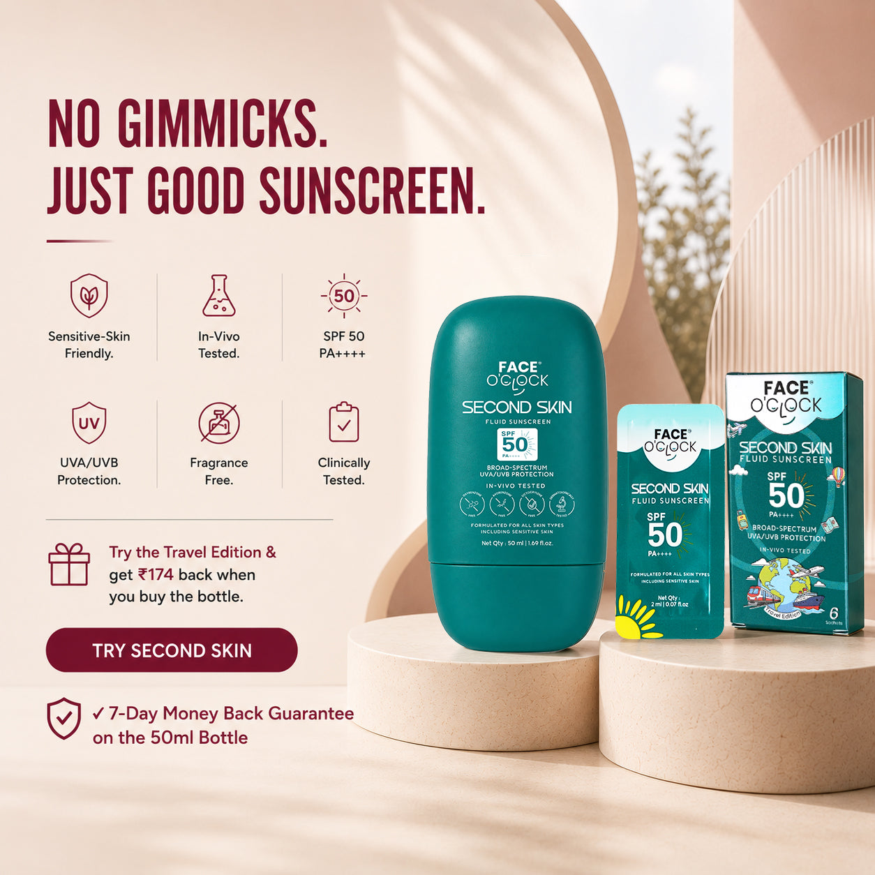 FaceO'Clock Second Skin SPF 50 sunscreen shown in a teal bottle and matching box on beige display pedestals, with marketing text and icons about sensitivity, in-use testing, SPF 50 protection, UV protection, fragrance-free design, clinical testing, and a travel pack offer.