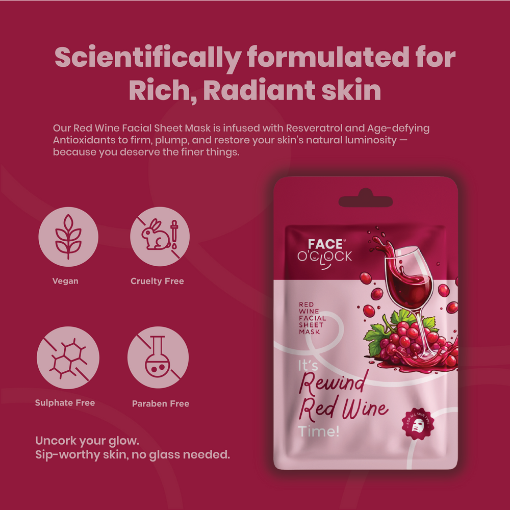 Face O'Clock Red Wine Sheet Mask - Resveratrol and antioxidants, firms, brightens, fades dark spots
