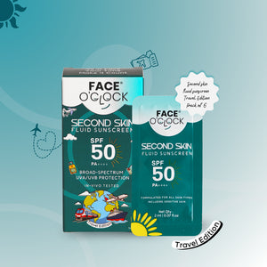 Face O'Clock Second Skin SPF 50 PA++++ Fluid Sunscreen Travel Edition, in vivo tested, dermatologically tested, formulated for all skin types including sensitive skin