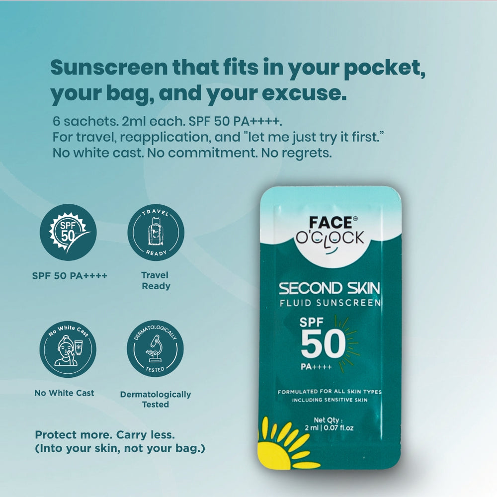 Face O'Clock Second Skin SPF 50 PA++++ Fluid Sunscreen Travel Edition sachet pack of 6