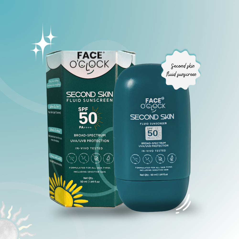 Face O'Clock Second Skin Fluid Sunscreen SPF 50 PA++++ packaging - 50ml, in vivo tested, dermatologically tested, formulated for all skin types, including sensitive skin
