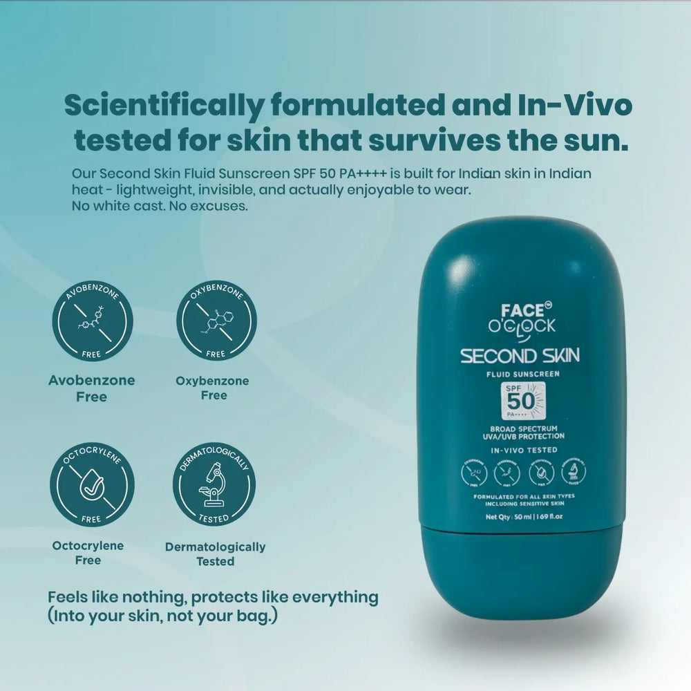 Face O'Clock Second Skin Fluid Sunscreen SPF 50 PA++++ packaging - 50ml, in vivo tested, dermatologically tested, formulated for all skin types, including sensitive skin
