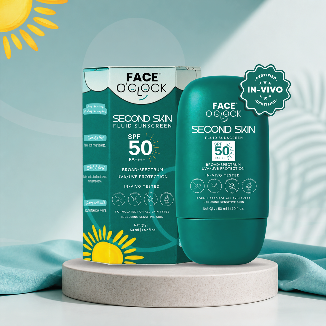 Face O'Clock Second Skin Fluid Sunscreen SPF 50 PA++++ in a 50 ml teal bottle