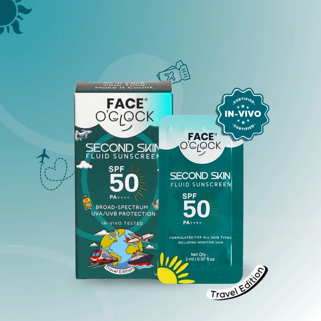 Face O'Clock Second Skin Fluid Sunscreen Travel Edition SPF 50 PA++++ 6 sachets 2ml each lightweight