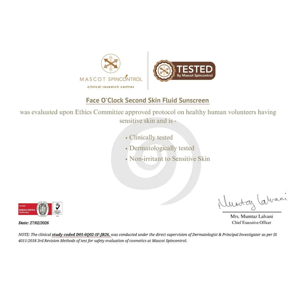 Dermatological test certificate for Face O'Clock Second Skin Fluid Sunscreen SPF 50 - clinically tested, dermatologically tested, and non-irritant to sensitive skin, issued by Mascot Spincontrol clinical research centre