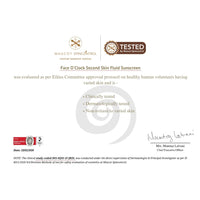 Dermatological test certificate for Face O'Clock Second Skin Fluid Sunscreen SPF 50 - clinically tested, dermatologically tested, and non-irritant to all skin types, issued by Mascot Spincontrol clinical research centre