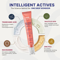 Face O'Clock One Drop Wonder Acne Spot Corrector Gel tube with its key actives labelled: tranexamic acid, salicylic acid, niacinamide and zinc PCA