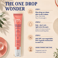 Face O'Clock One Drop Wonder Acne Spot Corrector Gel in a coral squeeze tube, with directions for use